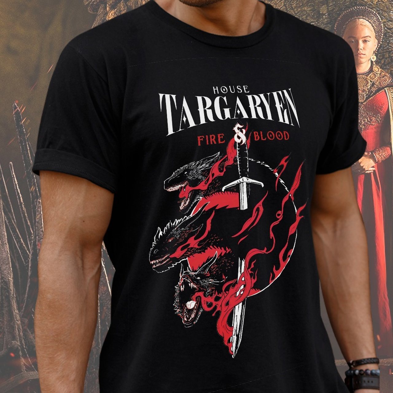 Camiseta Unissex House Casa Targaryen: Fire And Blood Dragons Game of Thrones House of Dragon (Preta) Camisa Geek - CD