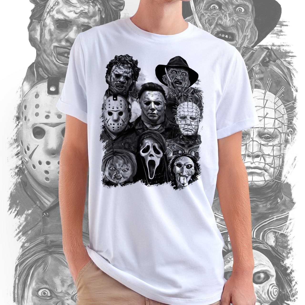 Camiseta Unissex The Killers: Jason Chucky Freddy Krueger Pânico (Branca) Camisa Geek - CD