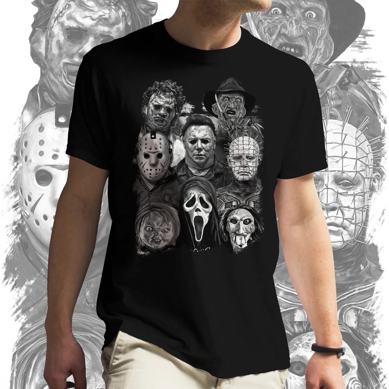 Camiseta Unissex The Killers: Jason Chucky Freddy Krueger Pânico (Preta) Camisa Geek
