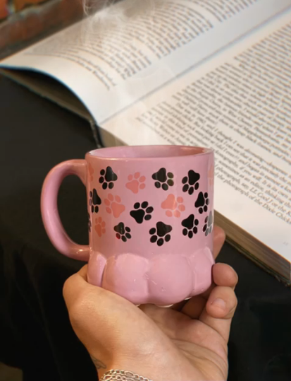 Caneca 3D Gato Gatinho Pet Rosa Com Patas Patinhas Preto e Rosa Pequenos Detalhes Na Cerâmica 350ml