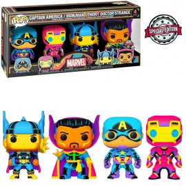 Funko Pop! Pack com 4 Heróis Capitão América Homem de Ferro Thor Doutor Estranho Black Light - Marvel Comics