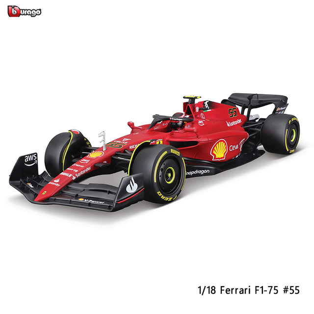 Miniatura Réplica Carro Escuderia Ferrari Racing Carlos Sainz Numero 55:  F1- Fórmula 1 F1-75 Escala 1/18 - Bburago - MKP