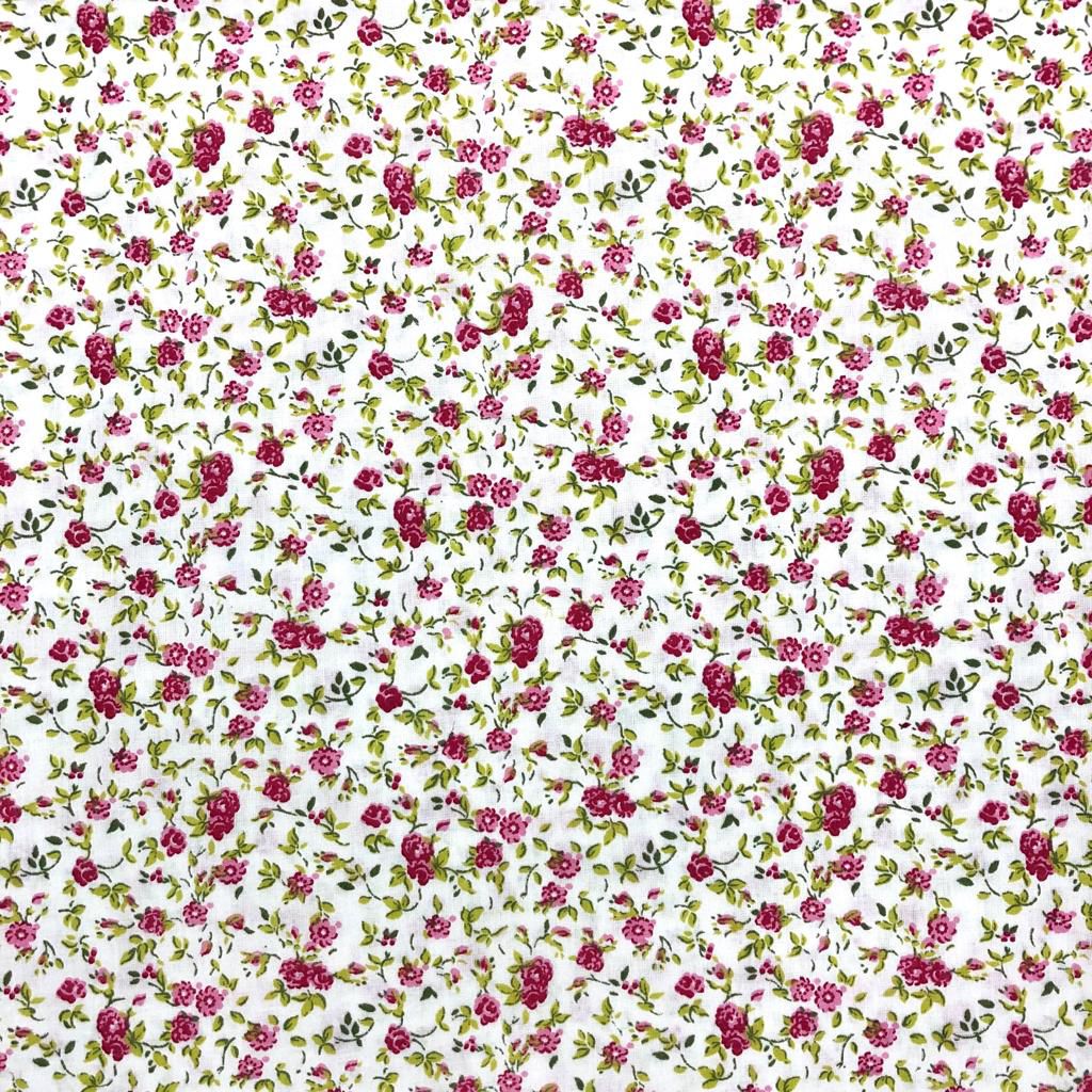 Tecido Tricoline Duque Floral Rosa e Fundo Branco - 1,50m de Largura