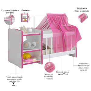 Berço Para Boneca Cristal Ursinho C02 Brinquedo Infantil Branco Rosa - Lyam Decor