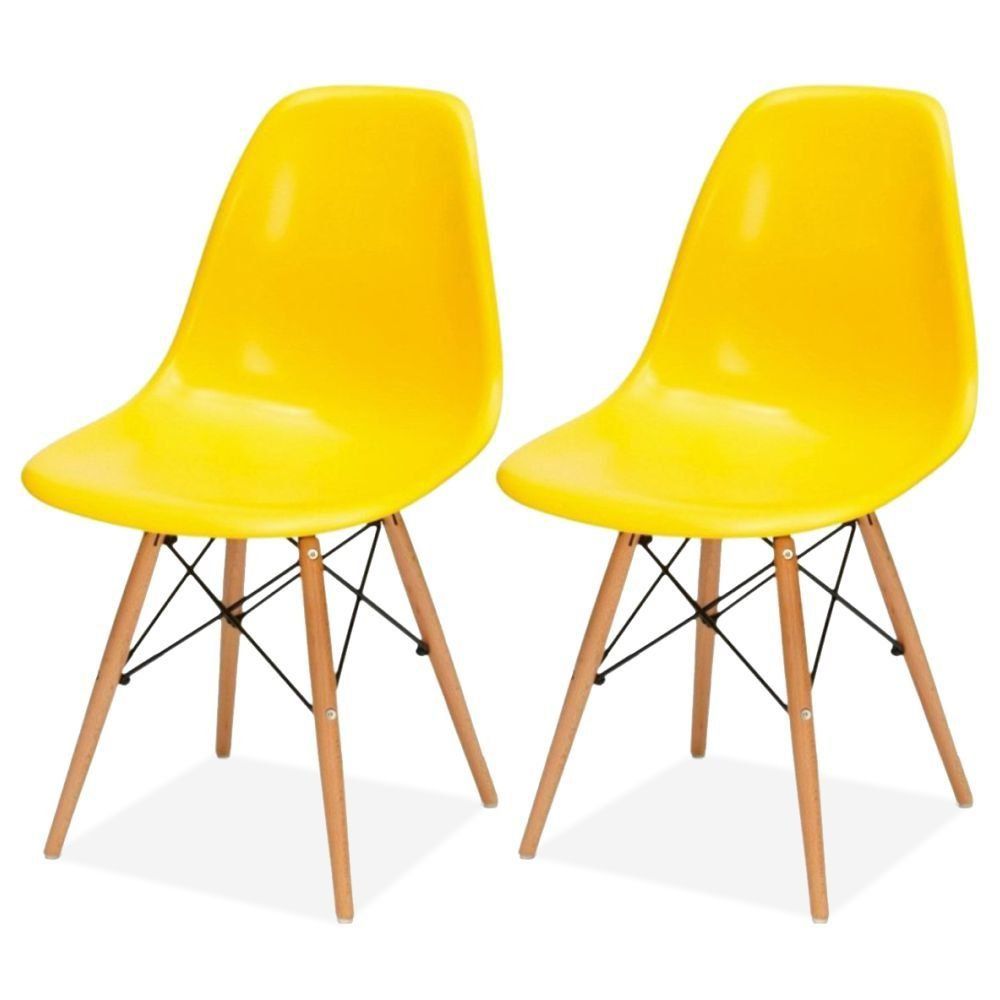 Kit 02 Cadeiras Decorativas Eiffel Charles Eames F03 Amarelo com Pés de Madeira - Lyam Decor