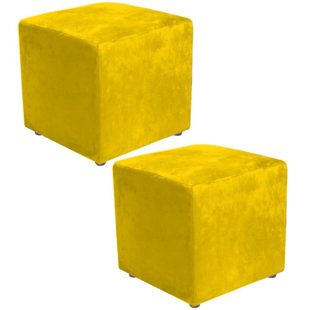 Kit 02 Puffs Quadrado L02 Decorativo Suede Amarelo - Lyam Decor