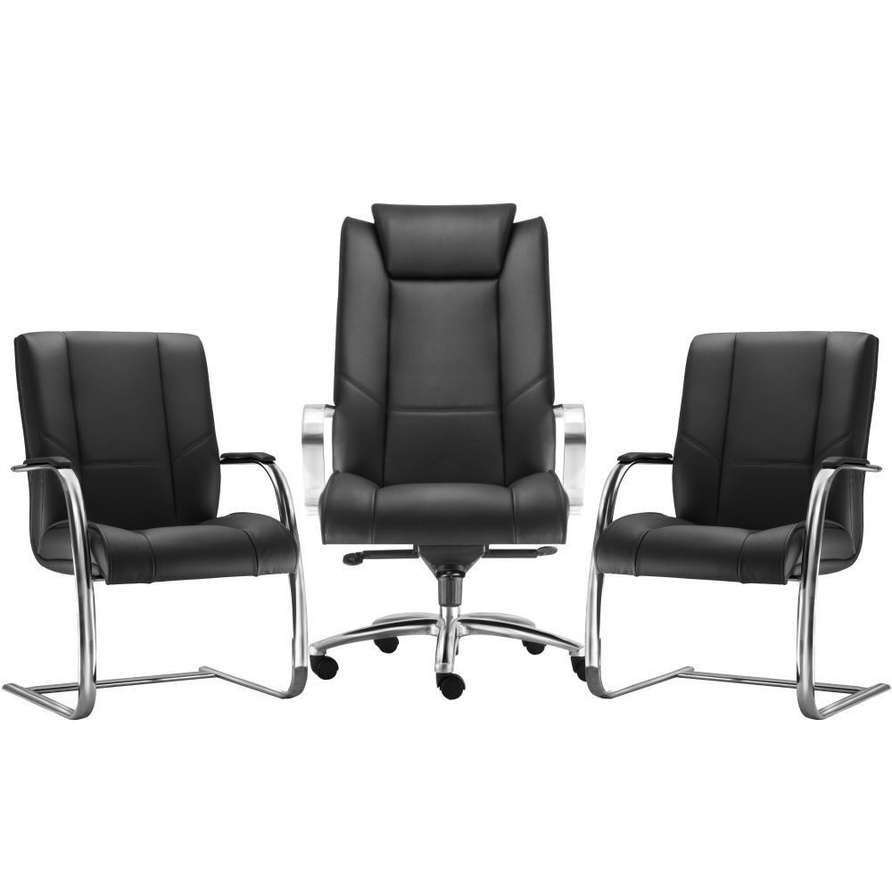 Kit Cadeira de Escritório Presidente com 02 Cadeiras Fixas New Onix F02 Couro Ecológico Preto - Lyam Decor