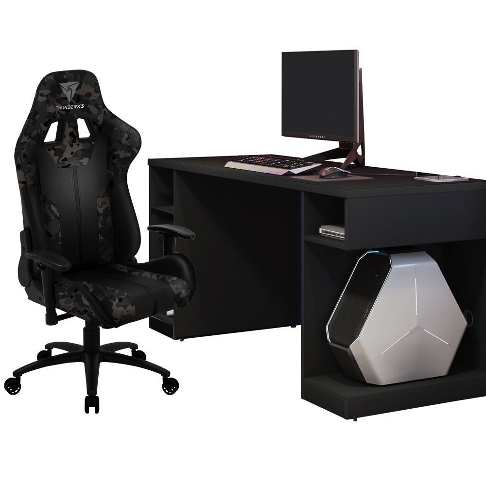Kit Mesa Para PC Gamer Destiny Preto com Cadeira Gamer BC3 ThunderX3 Camuflado - Lyam Decor