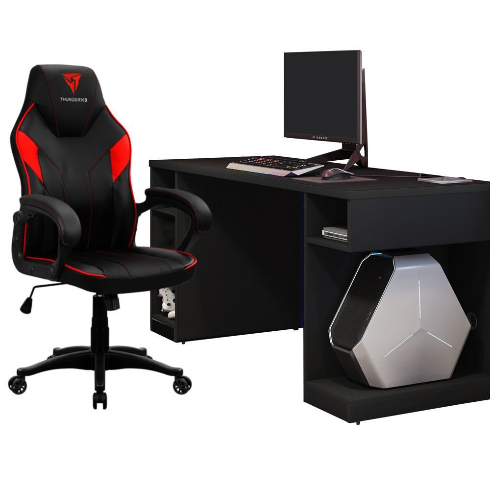 Kit Mesa Para PC Gamer Destiny Preto com Cadeira Gamer EC1 ThunderX3 Preto Vermelho - Lyam Decor