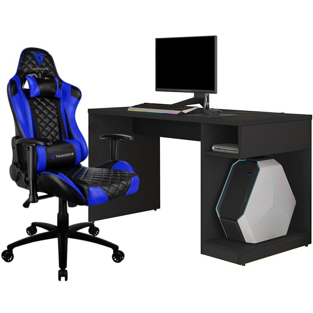 Kit Mesa Para PC Gamer Legend Preto com Cadeira Gamer TGC12 ThunderX3 Preto Azul - Lyam Decor