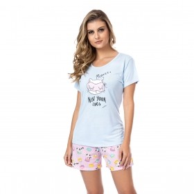 Pijama feminino camiseta manga curta e short doll para o verão Victory