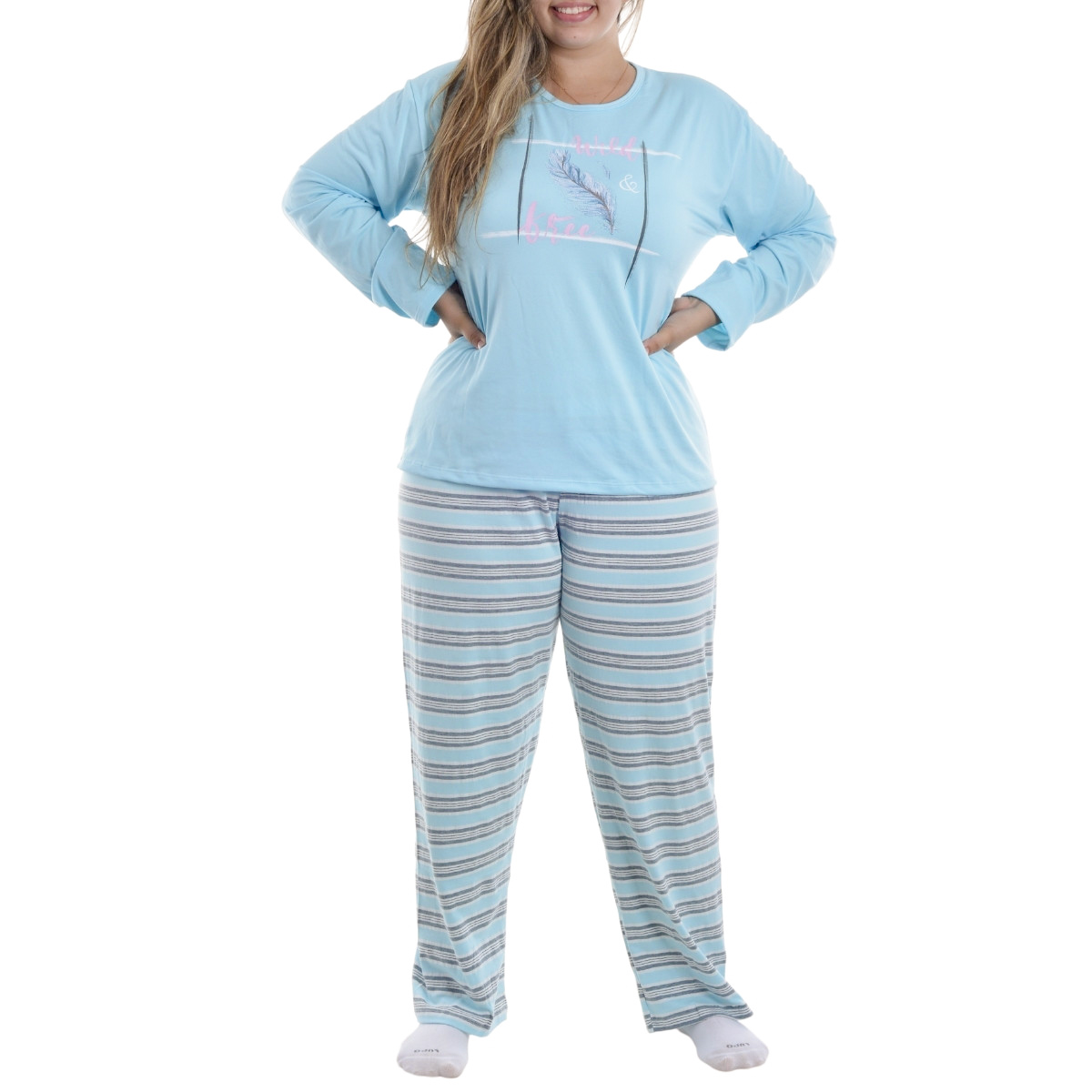 Pijama de Inverno plus size Feminino Suede Listrado Victory