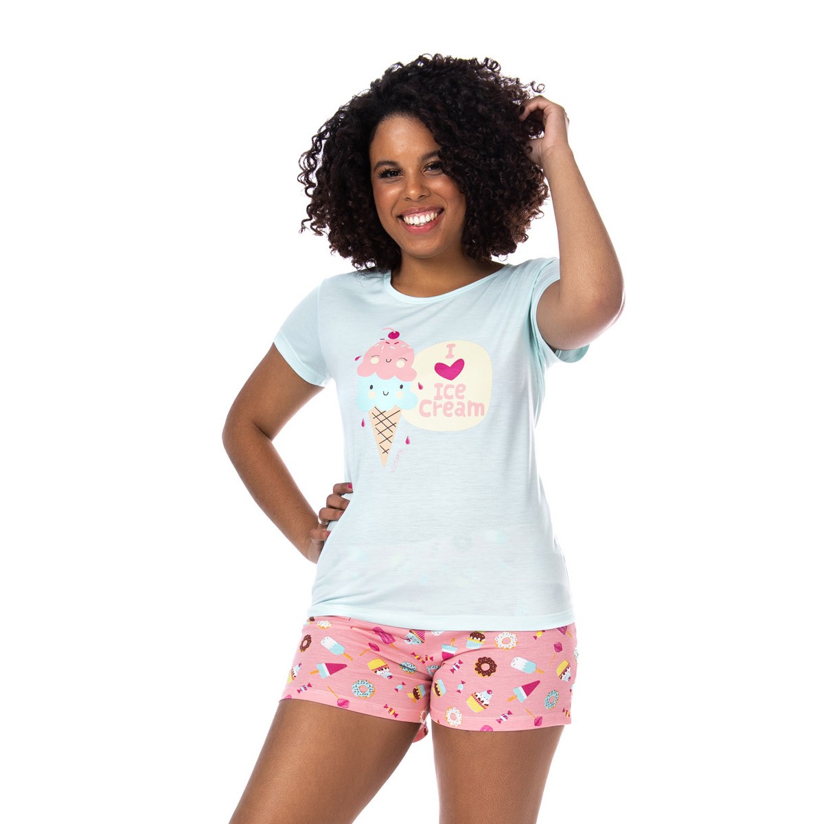 Pijama feminino camiseta manga curta e short doll para o verão Victory