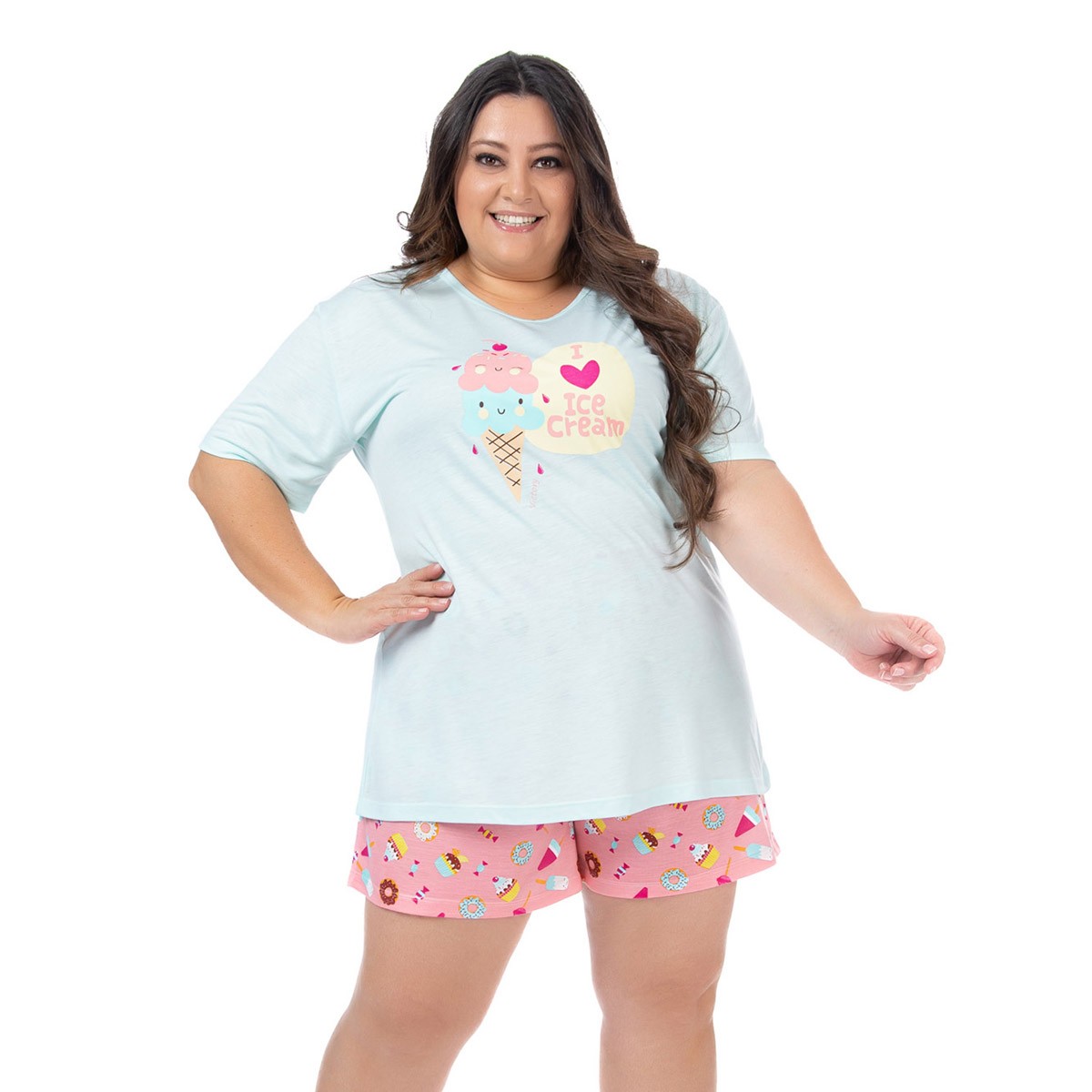 Pijama plus size feminino para o verão short doll manga curta Victory  - Bra Lingerie
