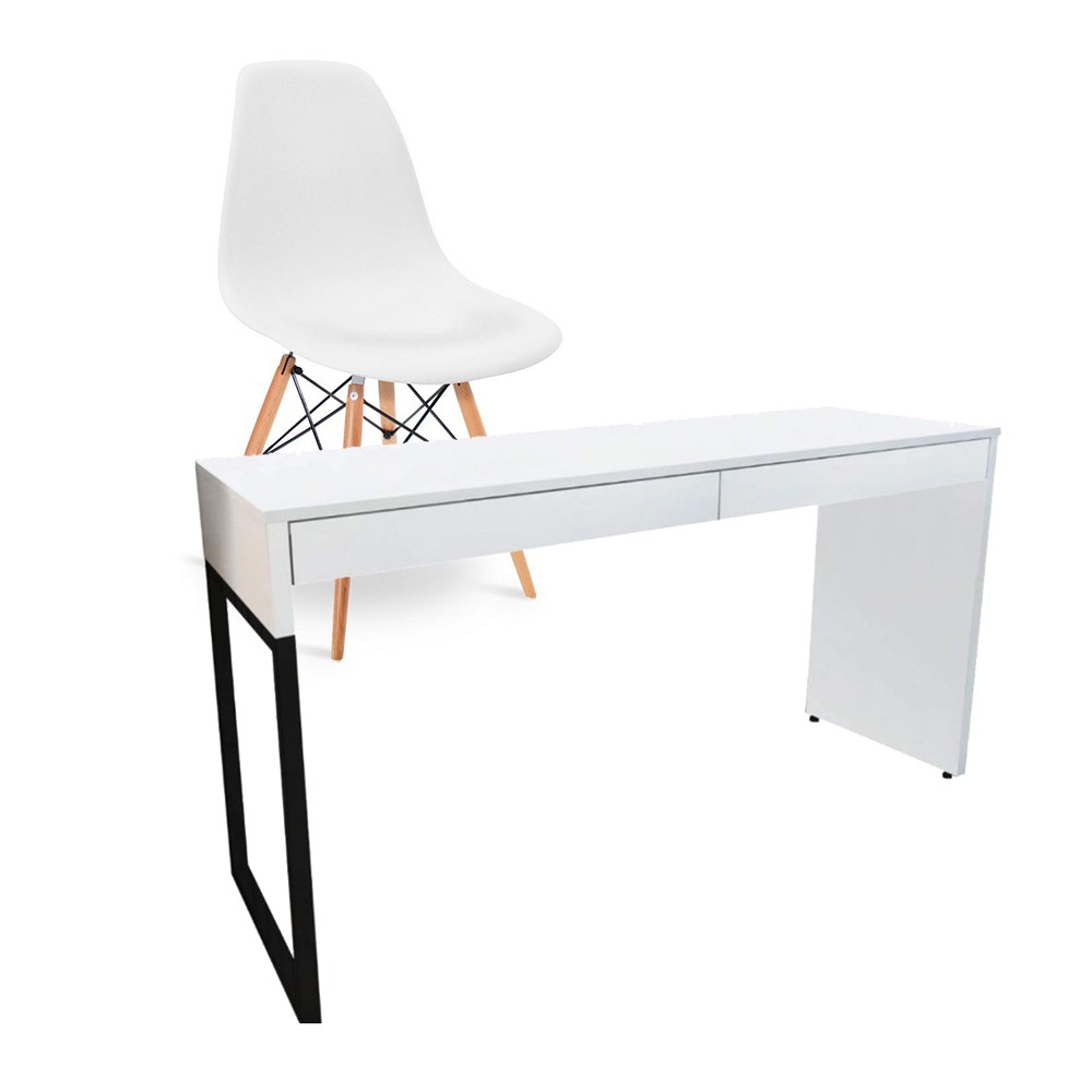 Kit Mesa Para Computador Desk Branco com Cadeira Eiffel Charles Eames Branco D'Rossi