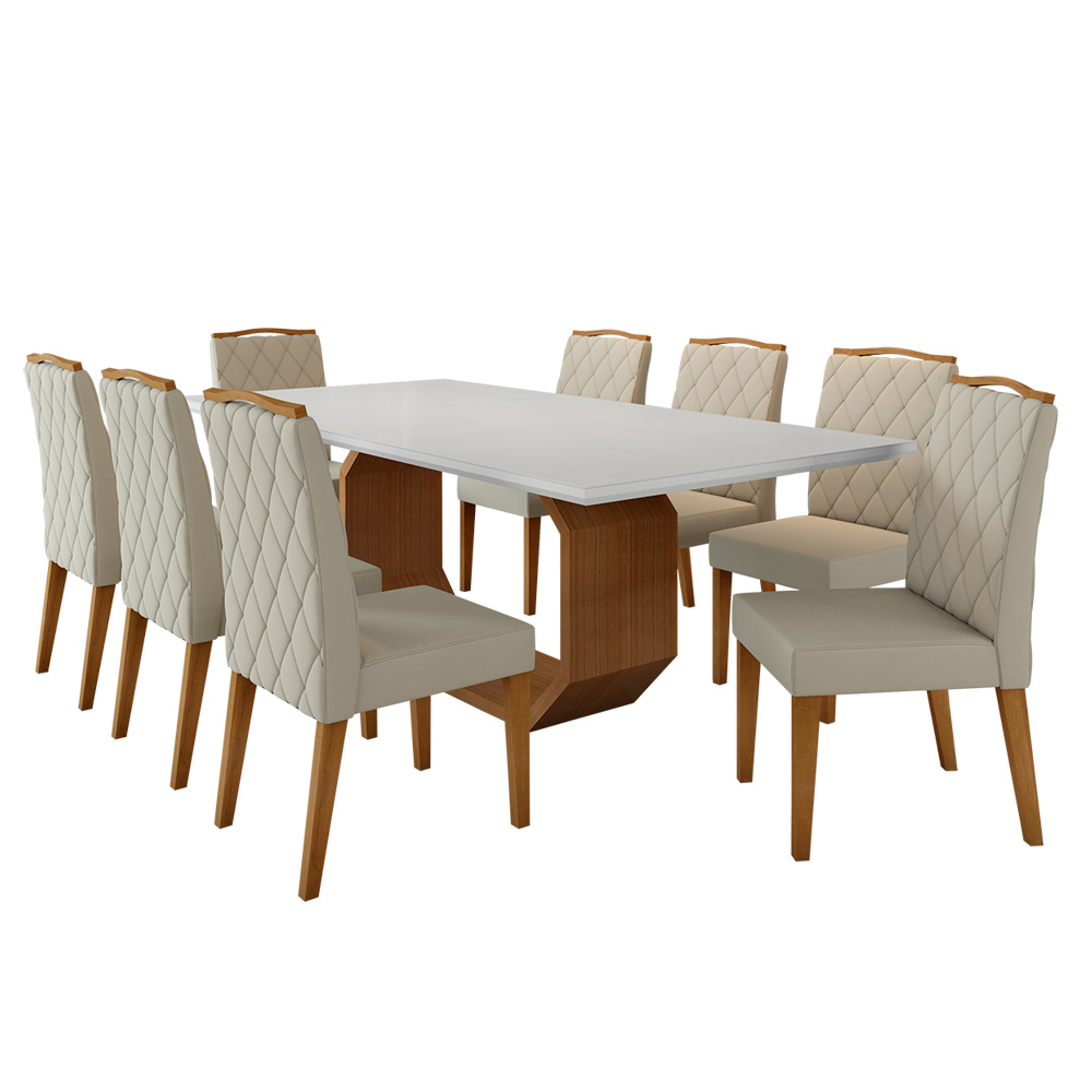 Mesa de Jantar Sophia Cinamomo/Branco 200x100 cm com 08 Cadeiras Grazi Ipê/Veludo Bege - D'Rossi