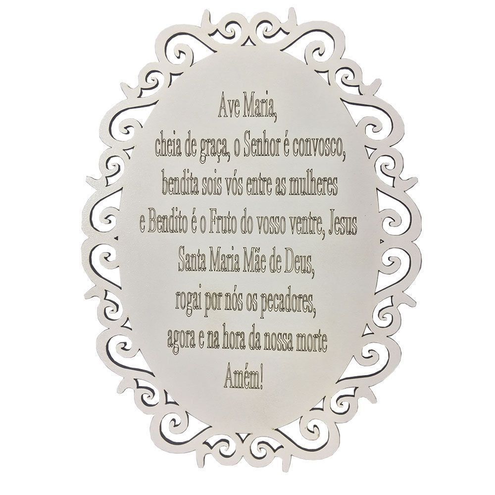 Placa Decorativa Oração Ave Maria Com Arabesco 25x19 MDF 3mm Branco - D'Rossi