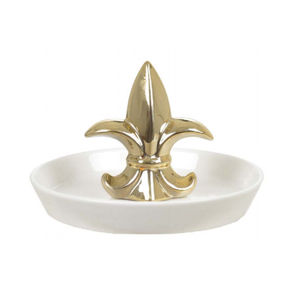 Porta-Anel em Cerâmica Flor De Lis Branco e Dourado 10,5X13,5cm - D'Rossi