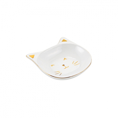 Mini Prato Gato Cerâmica Decorativo Branco/Dourado 16CM 08700