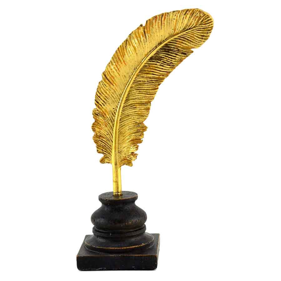 Adorno Escultura Decorativa de Resina Pena Dourada 17cm BTC