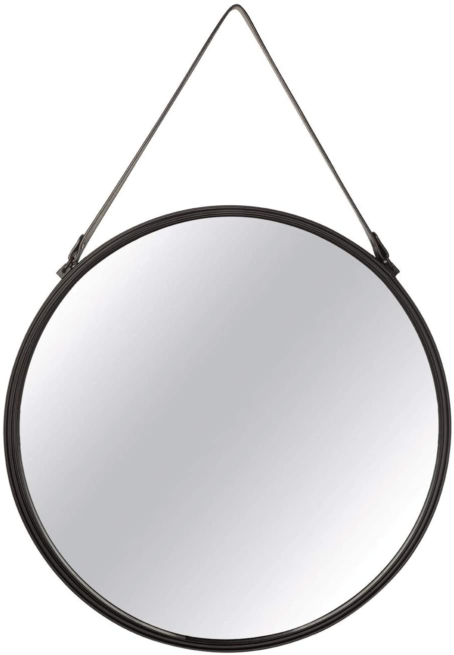 Espelho Redondo Decorativo Luxo Metal Preto Com Couro 65CM 11730 Mart