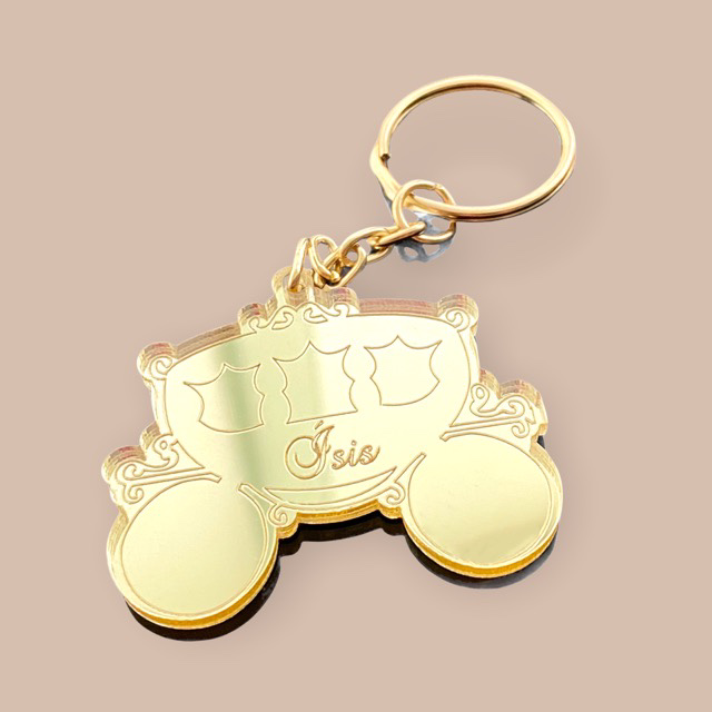 Chaveiro Carruagem Personalizado Acrílico Espelhado Prata ou Dourado 5cm  - Rosa Baby