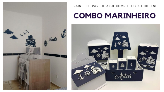COMBO Kit Painel de Parede Marinheiro Azul Marinho Completo + Kit Higiene 8 peças Azul Marinho