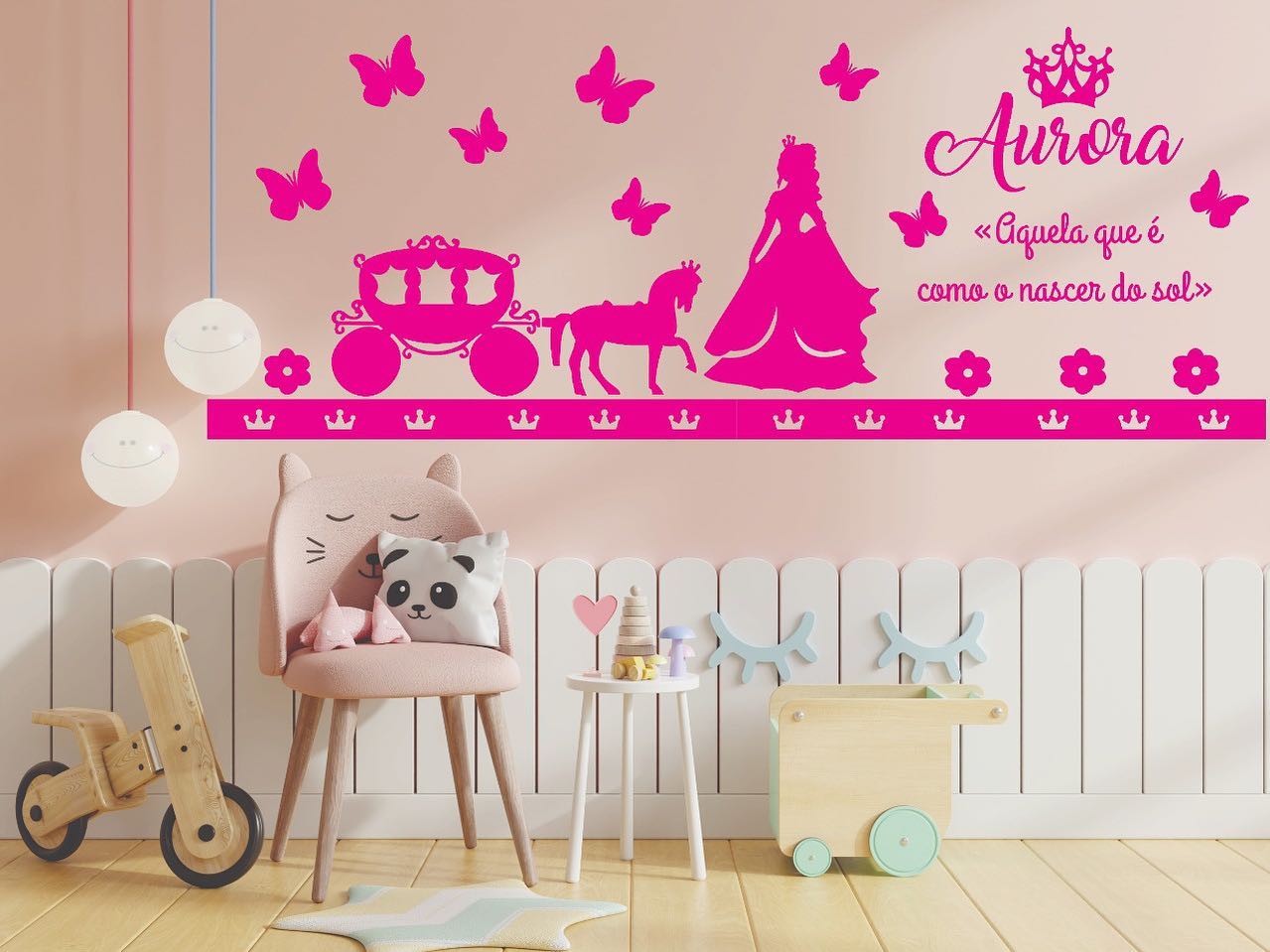 Kit Painel de Parede Completo 18 peças Princesa Carruagem + Significado do Nome  - Rosa Baby