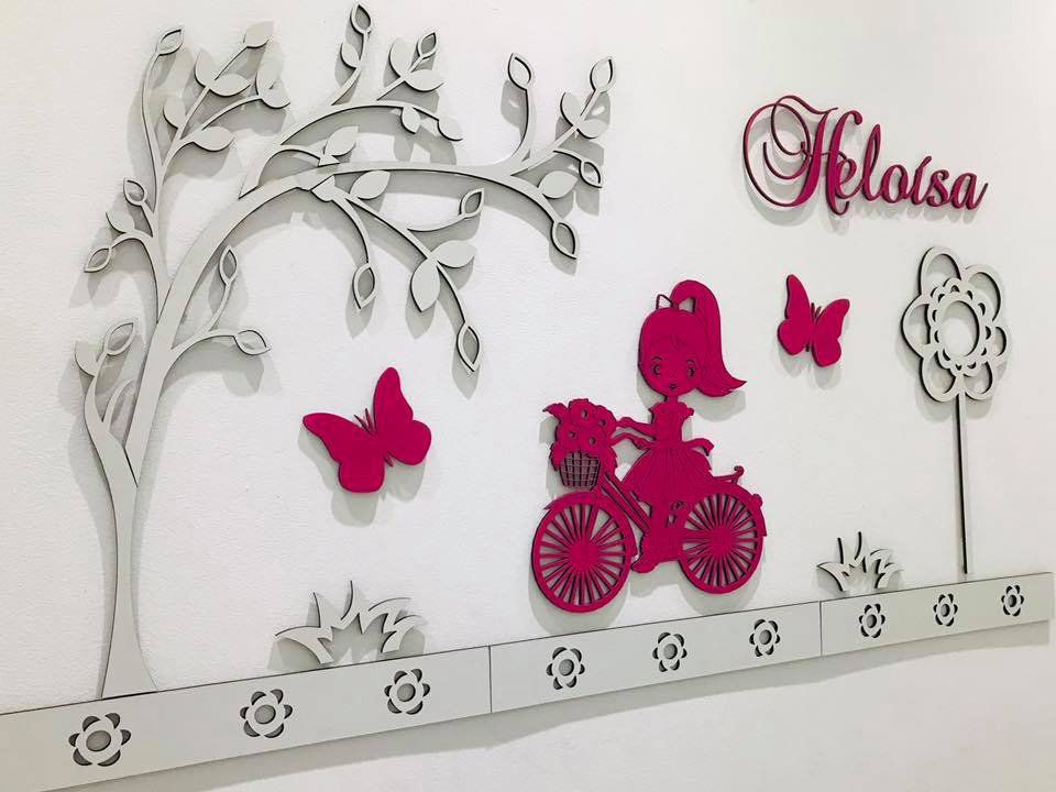 Kit Painel de Parede MDF Completo 14 peças Menina Com Bicicleta  Personalizado Decoração Quarto do Bebê