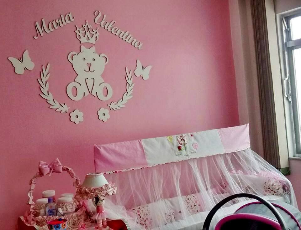 Kit Painel de Parede Completo 13 Peças Ursa Princesa Lacinho Personalizado Decoração Quarto do Bebê  - Rosa Baby
