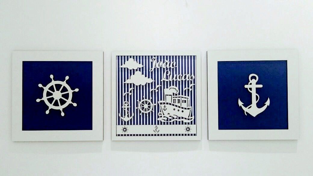 Trio de Quadros Marinheiro Personalizado Decoração 30 x 30cm cada