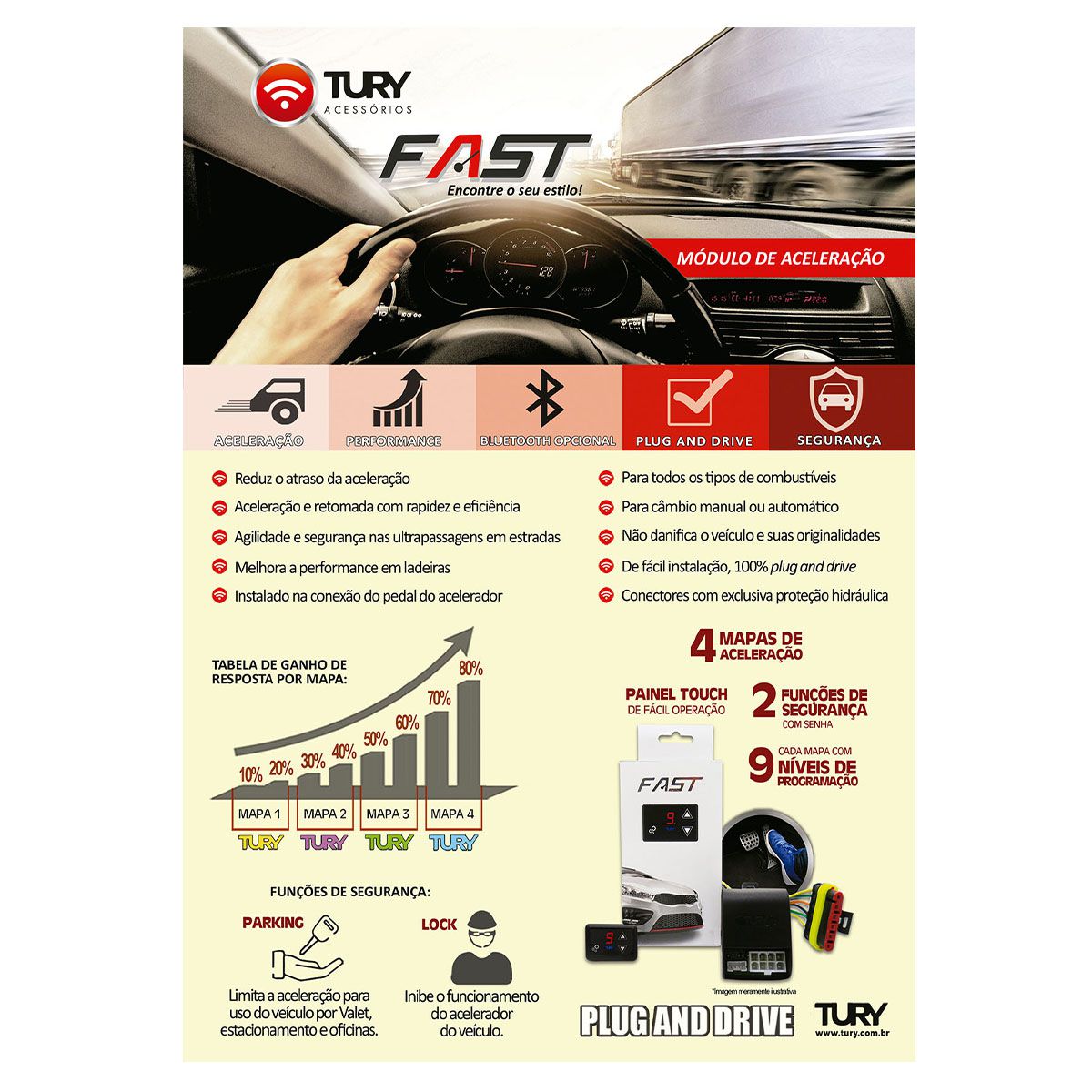 Chip Acelerador Eletrônico com Bluetooth Pedal Delay Tury Fast FAST2.0E 