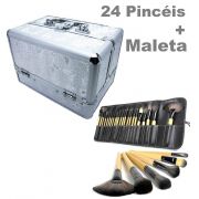 Kit Maleta Prata Maquiagem Grande Profissional + 24 Pincéis 