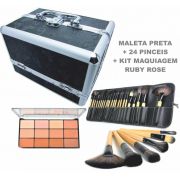 Kit Maleta Preta + 24 Pincéis com Estojo Premium + Kit Maquiagem Completa Ruby Rose (Paleta Sombra Pó facial bronzeador Iluminador Contorno)