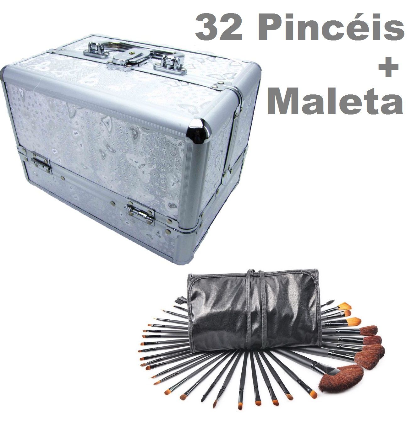 Kit Maleta Prata Maquiagem Grande Profissional + 32 Pincéis 