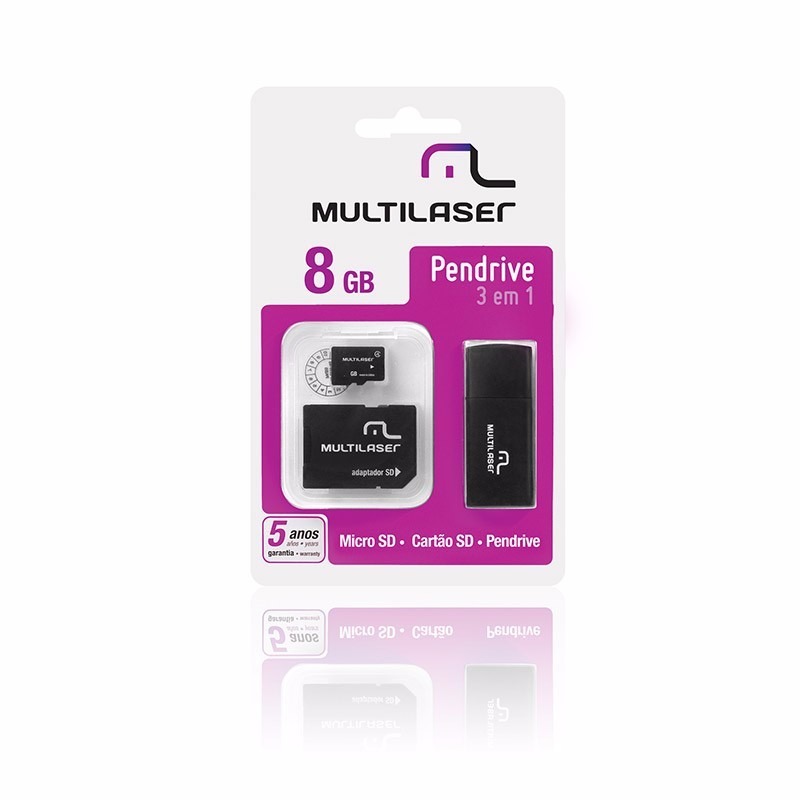 Multilaser Pen Drive 3 em 1 USB MicroSD Card c/ Adaptador SD 8GB