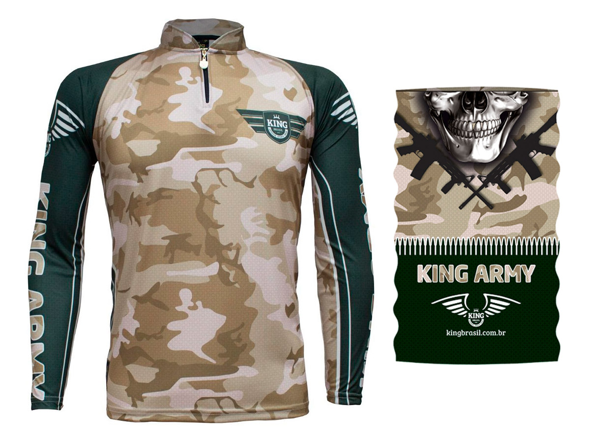 Camiseta De Pesca King Proteção Solar Uv KFF301 - Army + Bandana