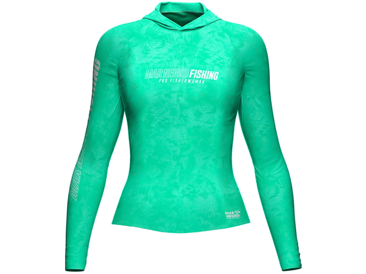 Camiseta de Pesca Mar Negro Sublimada Com Capuz Feminina Proteção Solar 50+ UV - Green