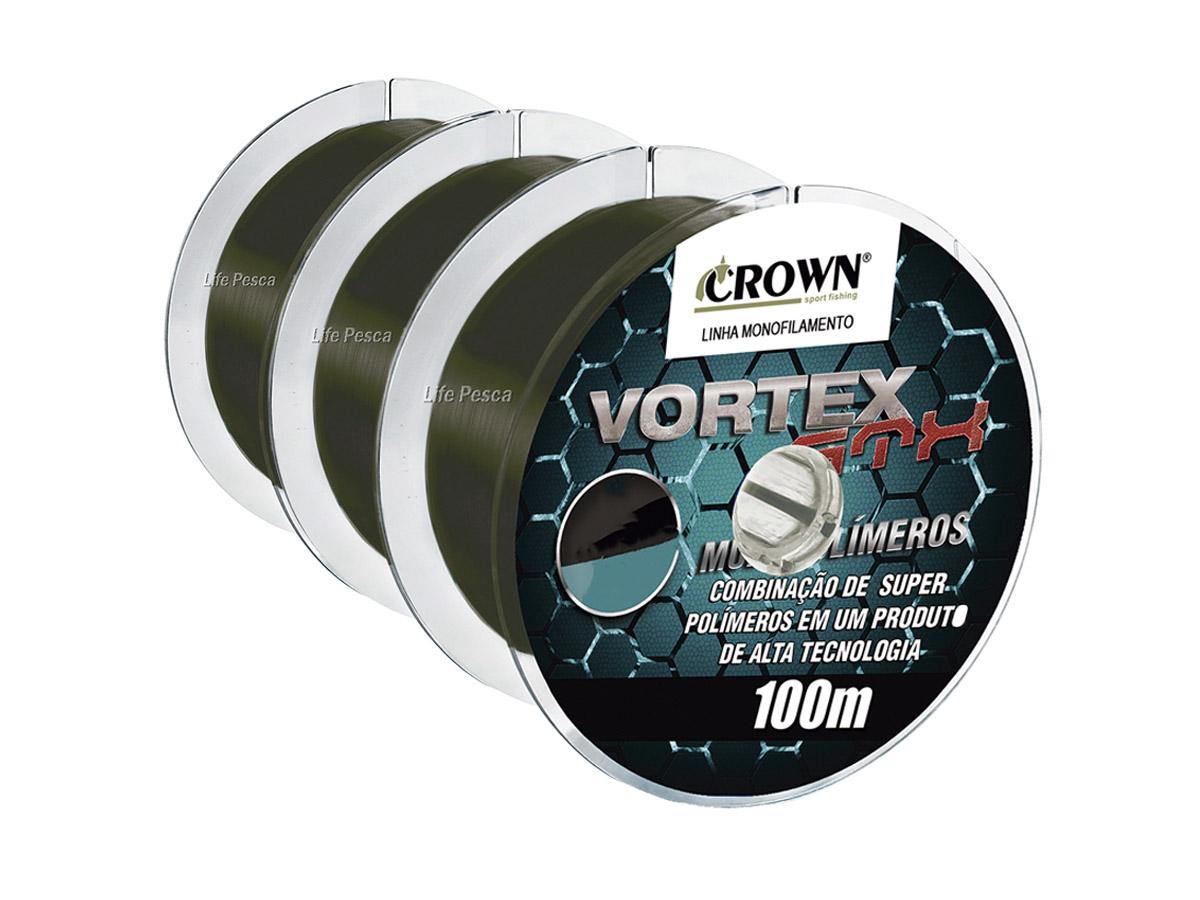 Kit 3 Linhas Monofilamento Crown Vortex GTX 0.26mm 15lb/6,80Kg - 3x 100 Metros