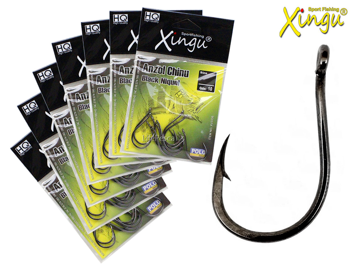 Kit 7 Cartelas Anzol Chinu Black Níquel Xingu Nº 3 ao 9 - 70 Peças