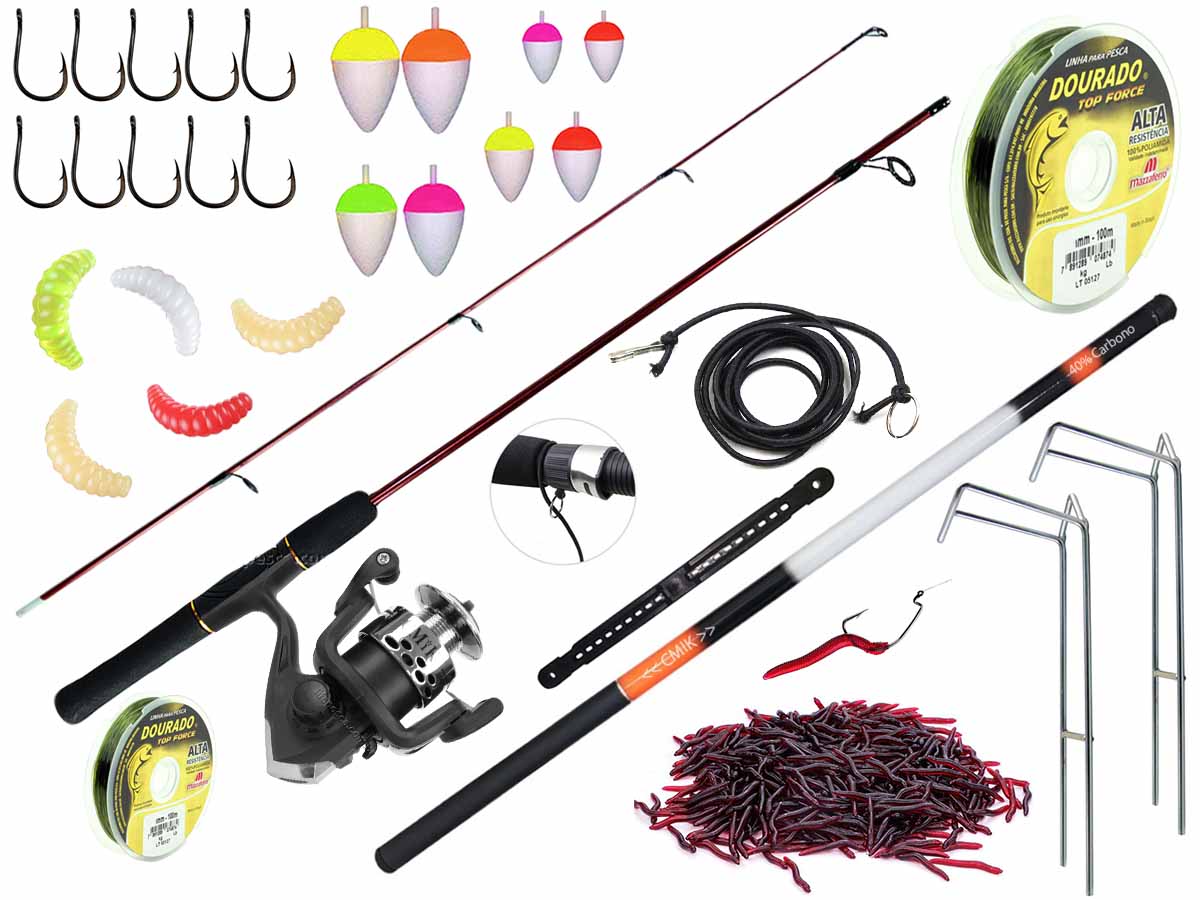 Kit Pescador Com Vara Para Molinete 1,20m + Vara Telescópica 40% Carbono 4,00m + Molinete + Acessórios (Ref. 192)