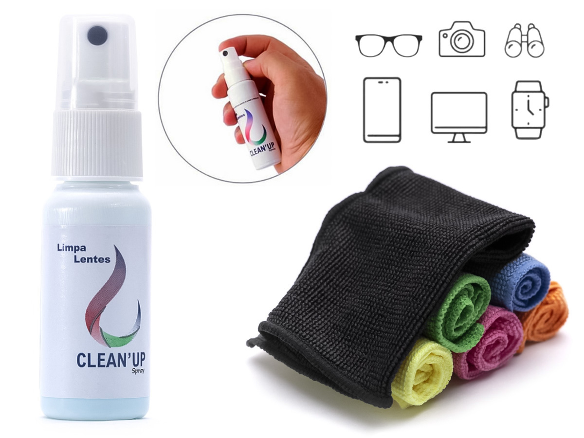 Kit Spray Limpa Lentes Clean up 25ml + 2 Lenços Mágicos Micro Fibra