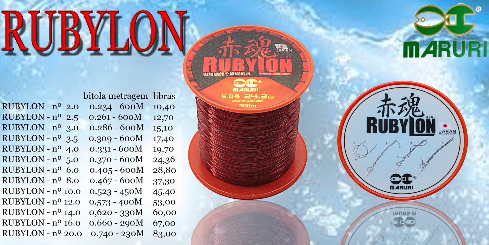 Linha Monofilamento Maruri Rubylon 0,33mm 13,4lbs/6,10kg - 600 Metros  - Life Pesca