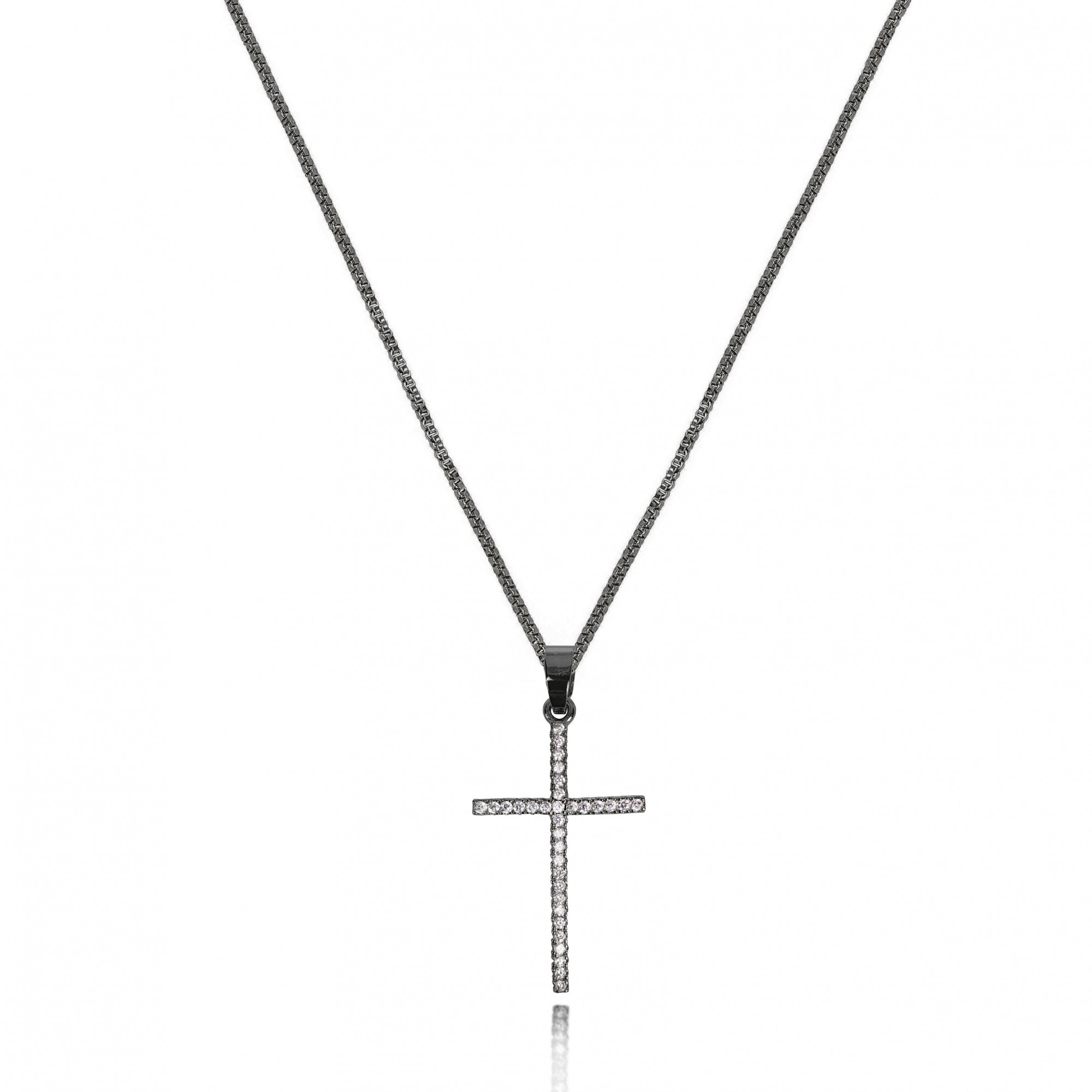 Gargantilha Crucifixo Pequeno Zircônia Banho Ródio Negro  - Lunozê Joias