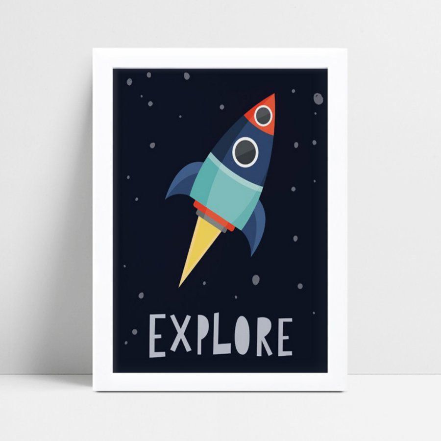 Poster infantil menino foguete colorido céu estrelado