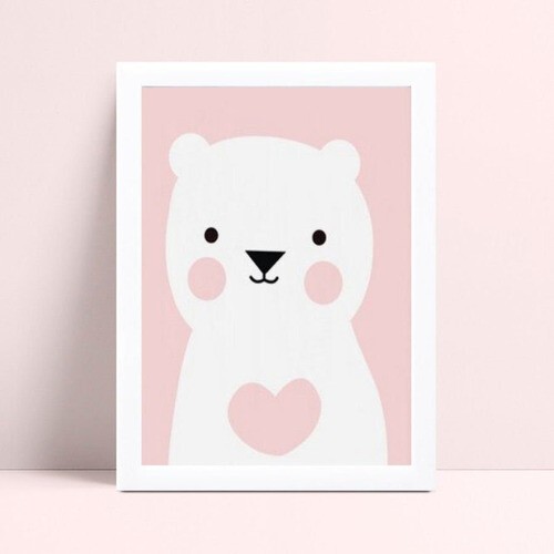Quadro Poster Infantil menina urso branco e rosa
