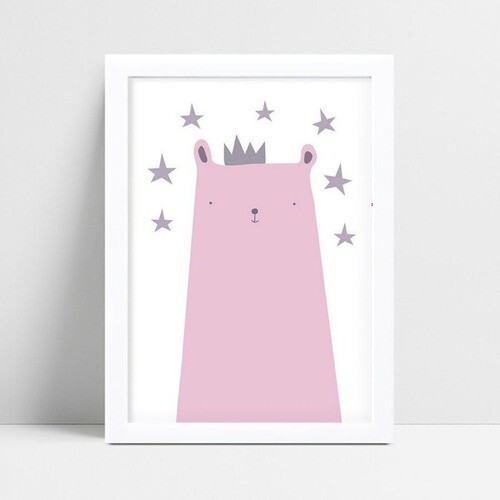 Quadro Poster Infantil urso rosa estrelas lilás