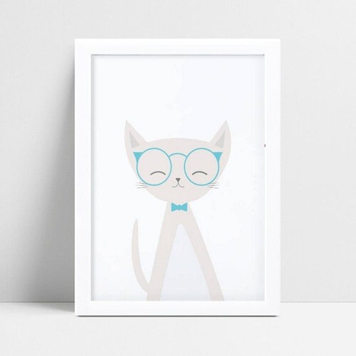 Quadros Decoraçãos Em Mdf gato cinza de óculos azul