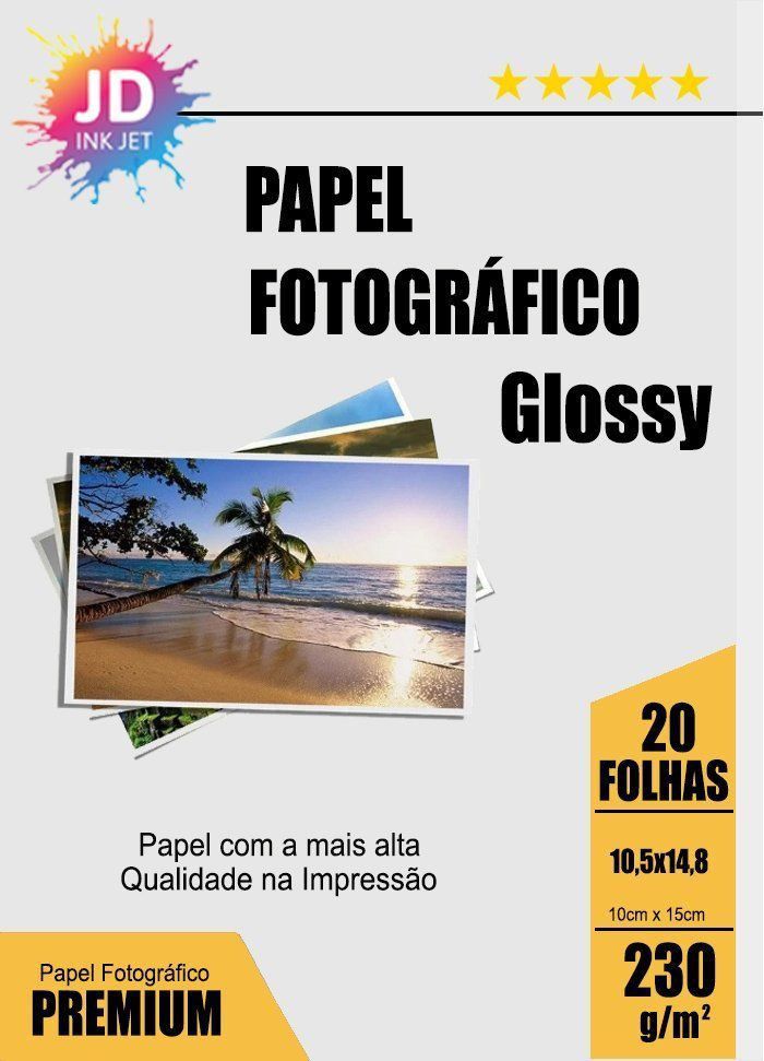 Papel Fotográfico Glossy 230g/m²  pct com 20 folhas 10,5x14,8cm (10x15)