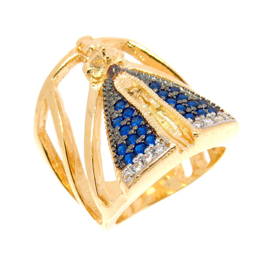 Anel Semijoia Nossa Senhora Aparecida Cravejado Zircônias Diamonds e Azuis Folheado Ouro 18k AN026